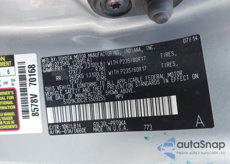 2014 Toyota Sienna Xle V6 8 Passenger z USA, uszkodzony, nr VIN 5TDYK3DC2ES509255